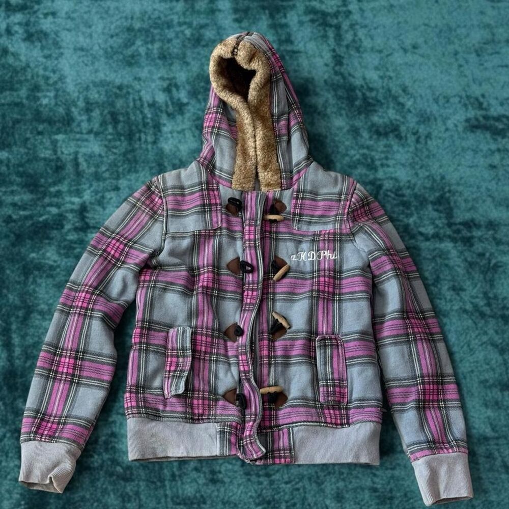 Y2K Roxy Plaid Faux Fur Lined Hood Toggle Jacket Custom Embroidered